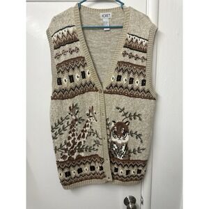 Vintage Koret Button Front Sweater Vest Giraffe Tiger Grannycore Women's Plus 1X